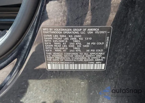 2021 Volkswagen Atlas 2.0T Se из США, поврежденный, VIN 1V2LP2CA1MC569712